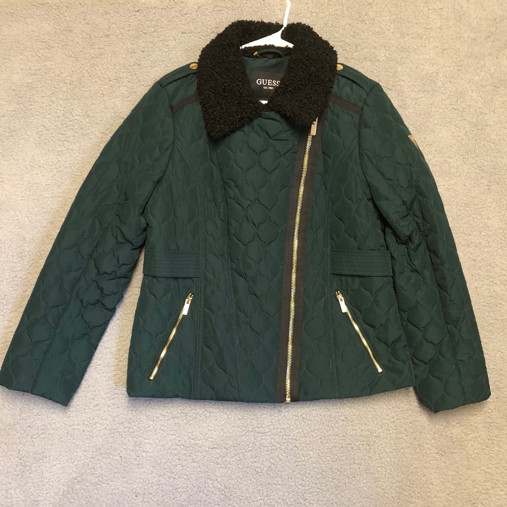Guess Womens Quilted Moto Jacket Green‎ Heart Stitch Sherpa Collar Lg Gold Zip